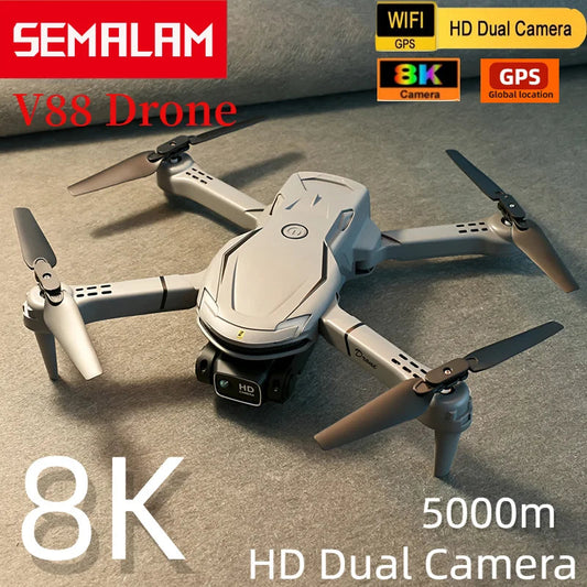 طائرة بدون طيار V88 - طائرة بدون طيار احترافية عالية الدقة 8K مزودة بكاميرا مزدوجة لتجنب العوائق في جميع الاتجاهات، بمدى 5000 متر